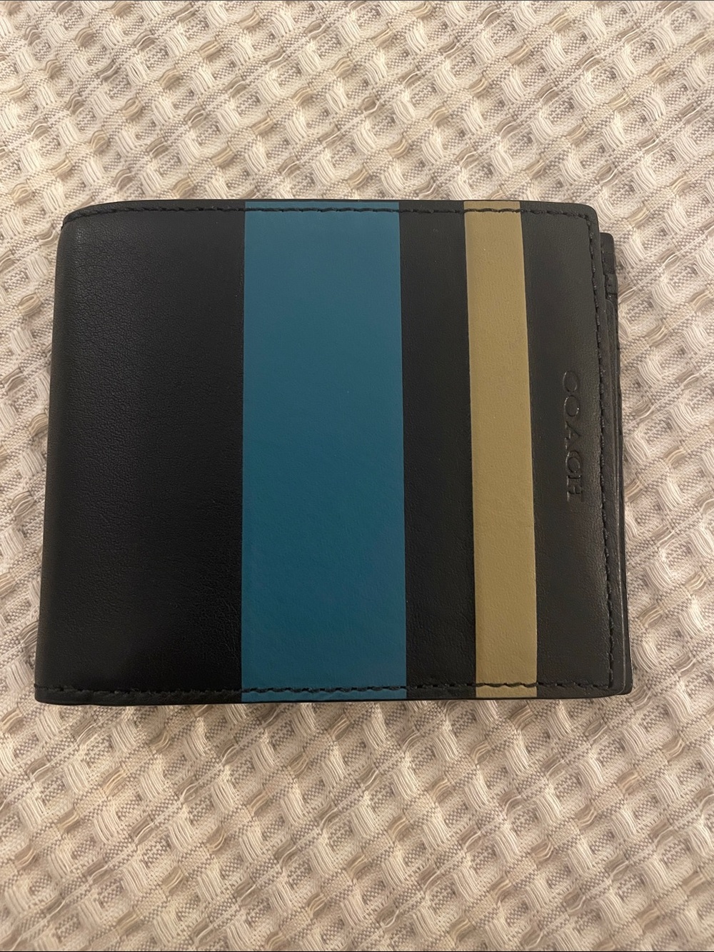 Coach Men's Navy Leather Bifold Wallet with Blue and Tan Stripes